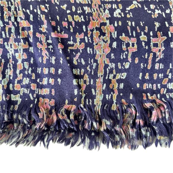 Italian Silk Scarf Multi-color Abstract Pattern on Indigo Fringe Edge 76x16 NWOT - Picture 5 of 6